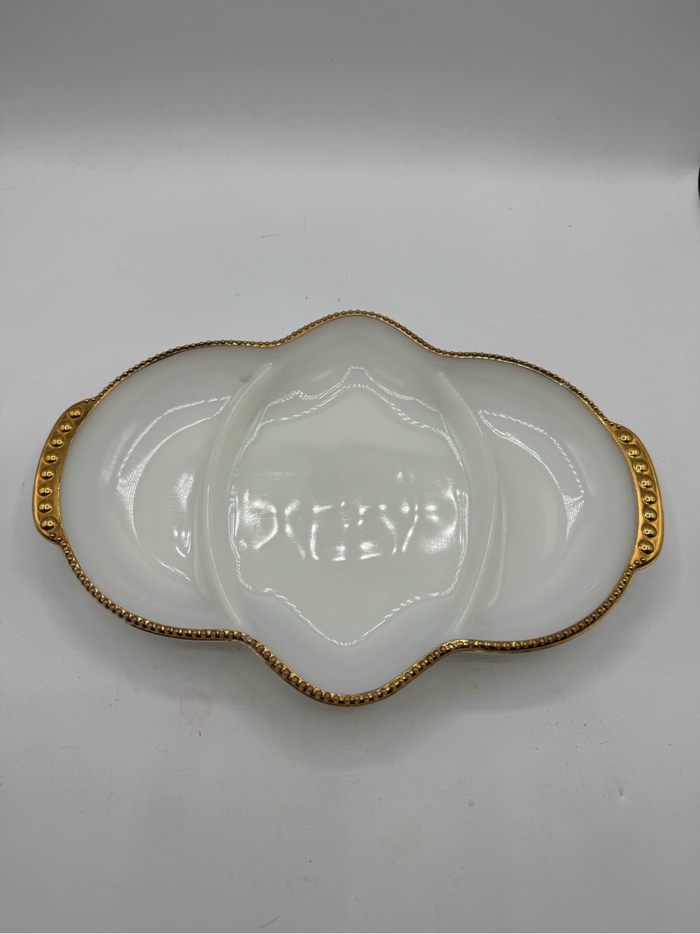 Vintage Anchor Hocking Fire King Milk Glass Divided Relish Dish Tray Gold Trim